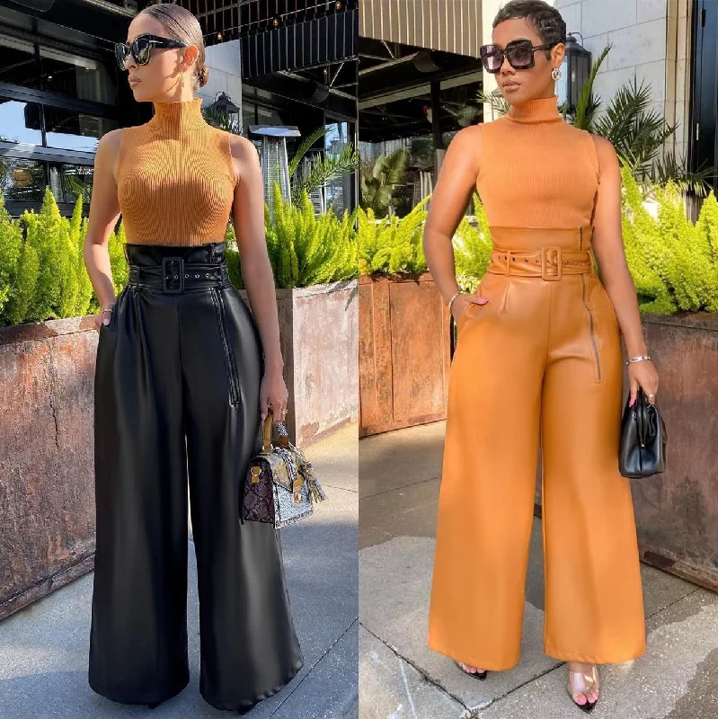 OUDINA Fashion Nightclub High Waist Casual Trousers Women Wide Leg Pant PU Leather Pants garde OUDINA Fashion Nightclub High Waist Casual Trousers Women Wide Leg Pant PU Leather Pants garde