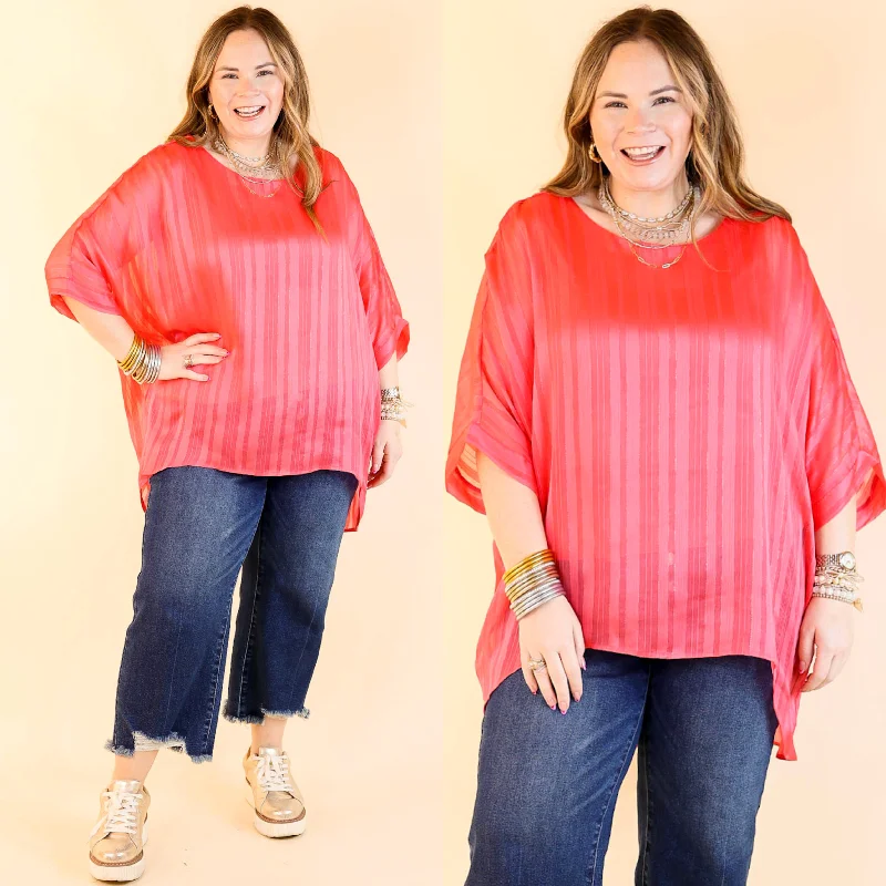 Sunset Horizon Striped Poncho Top with Metallic Detail in Coral Pink Modern Women's 