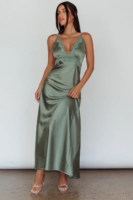 Signature Lace Trim Midi Dress Sage Vacation