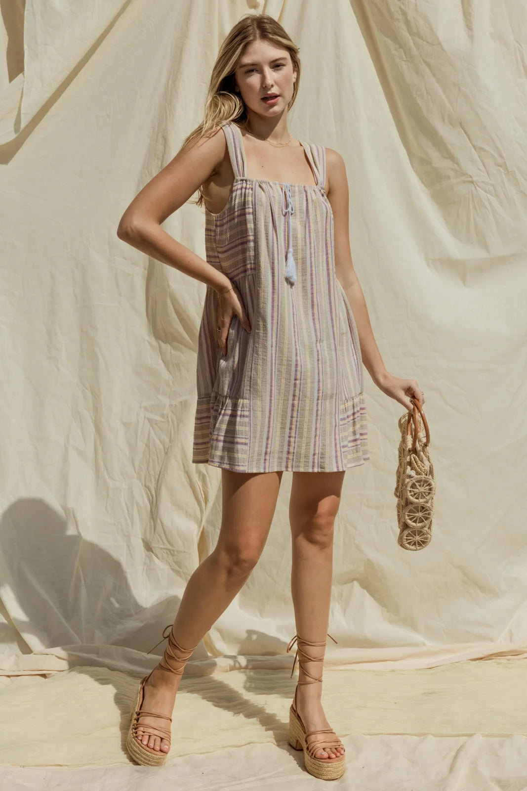 Yarn Dye Stripe Tiered  Mini Dress Women