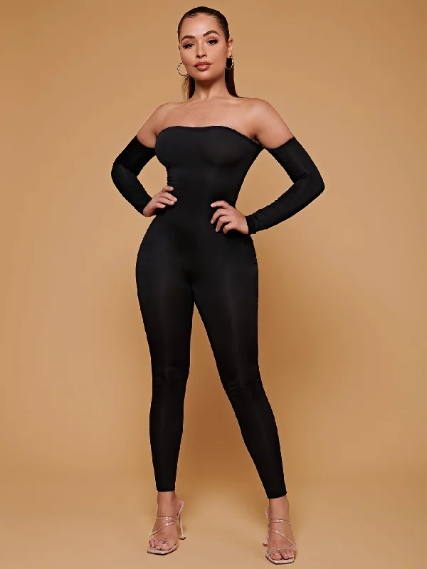 Glamorous Plain Long Sleeve Off The Shoulder High Waist Long Women Jumpsuit Street