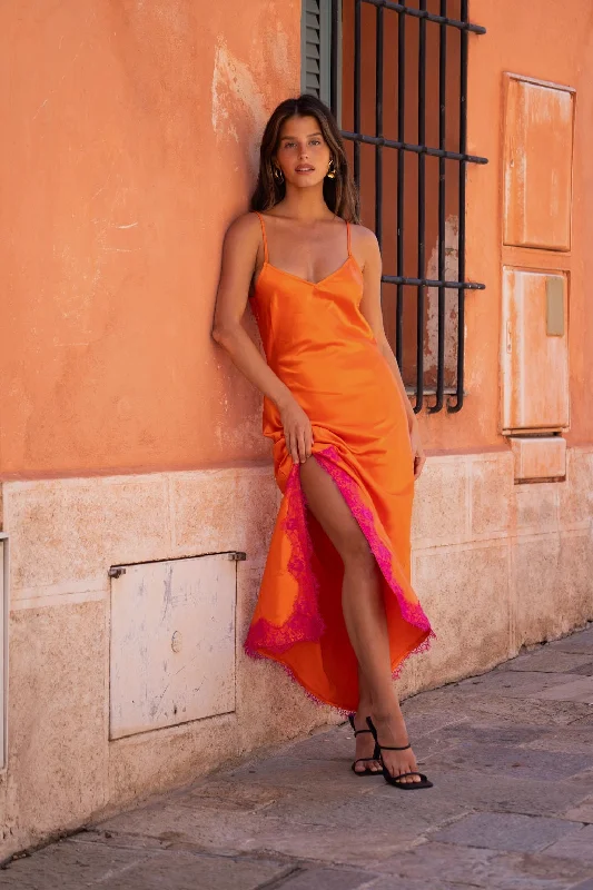 Gigi Orange Satin Maxi Dress Cashmere