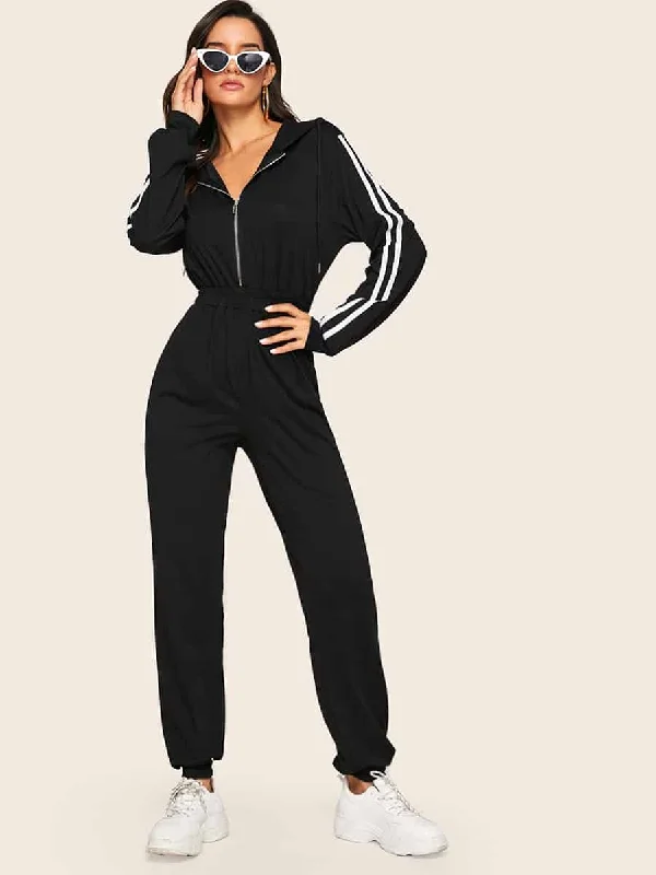 Sporty Striped Side Stripe Long Sleeve Hooded High Waist Long Women Jumpsuit Country Sporty Striped Side Stripe Long Sleeve Hooded High Waist Long Women Jumpsuit Country