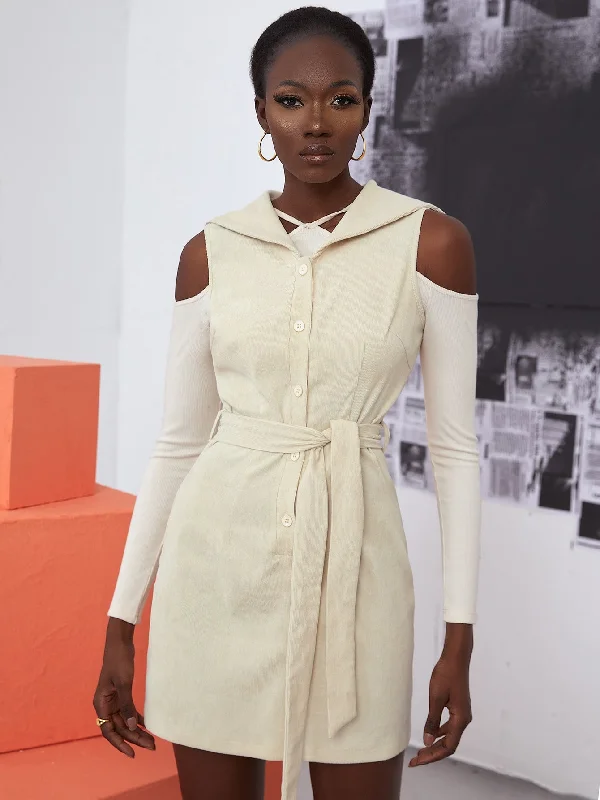 Plain Button Sleeveless Sailor Collar Straight Natural Mini Dress Dapper Women's Bow - adorned
