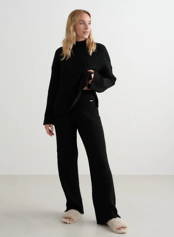 Black Rib Knit Pants Relaxed Women's 