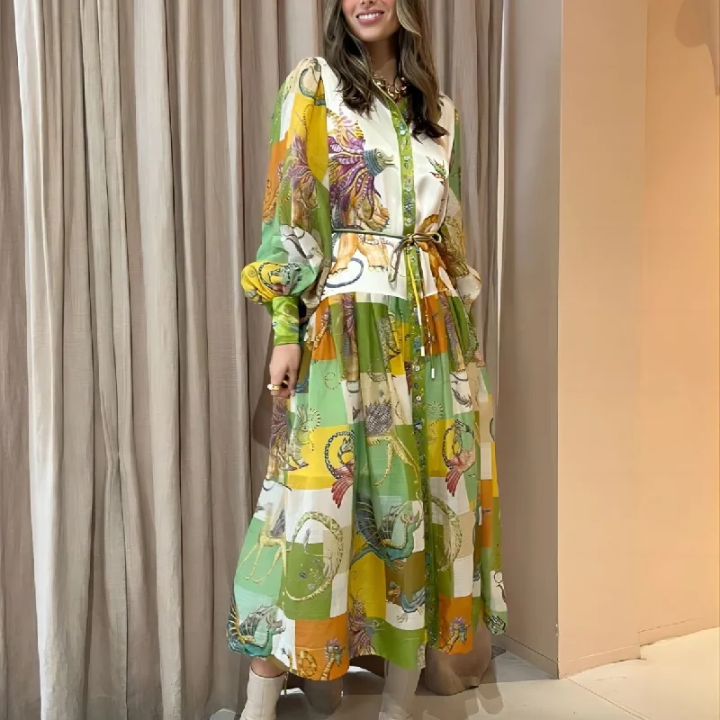 Single Breasted Long Lantern Sleeve Graffiti Print Tie Waist Dress Wholesale Dresses British Gentlewoman Style Single Breasted Long Lantern Sleeve Graffiti Print Tie Waist Dress Wholesale Dresses British Gentlewoman Style