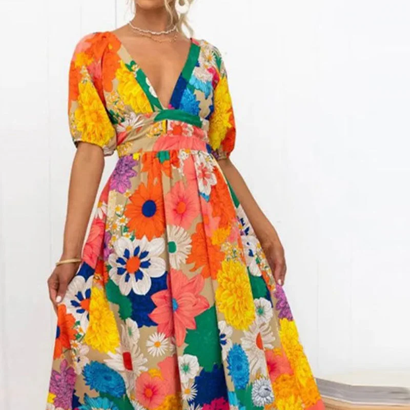 Temperament V-Neck Floral Painted Bubble Sleeve Dress Wholesale Dresses Scandinavian Temperament V-Neck Floral Painted Bubble Sleeve Dress Wholesale Dresses Scandinavian