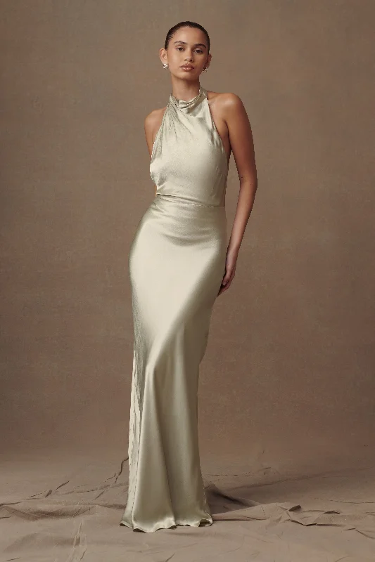 Esther Iridescent Satin Cowl Maxi Dress - Sage Laid - back Women's Vibe