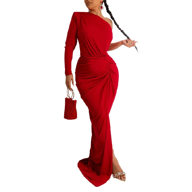 One-Shoulder Pleated Solid Color Maxi Dresses Wholesale Womens Clothing N3823103000099 Unique Women's Upcycled