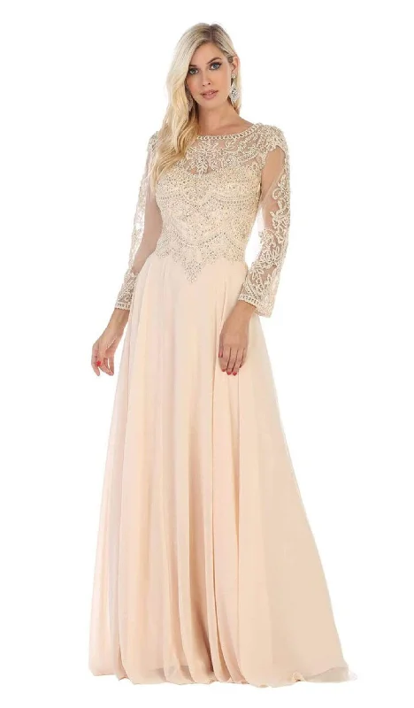 May Queen - MQ1615 Embroidered Long Sleeve Bateau A-line Dress Practical Women's Quick - dry