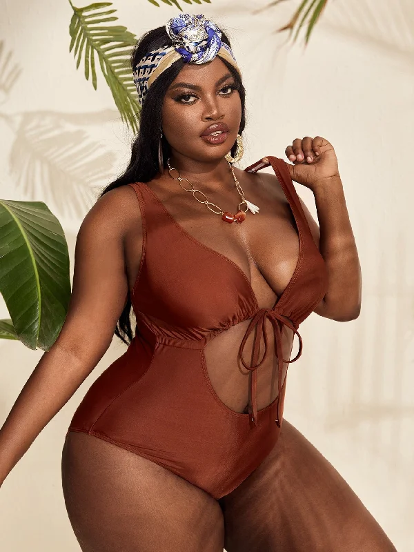 Casual Plain Cut Out Plunge Neck Plus Size One-Pieces Dynamic Women's High - energy