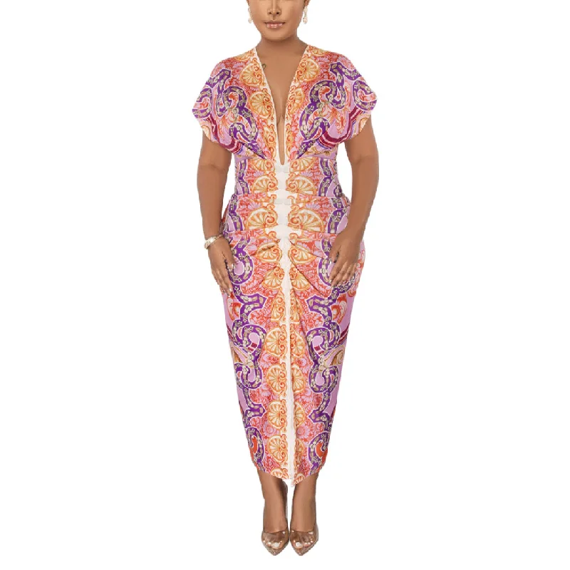 Low-Cut V-Neck Ethnic Print Slit Pleated Raglan Sleeves Slim Dress Wholesale Dresses Traditional Women's Wool Low-Cut V-Neck Ethnic Print Slit Pleated Raglan Sleeves Slim Dress Wholesale Dresses Traditional Women's Wool