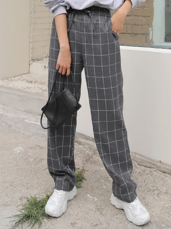 Casual Plaid Knot High Waist Long Women Pants Bold Women's Animal Print