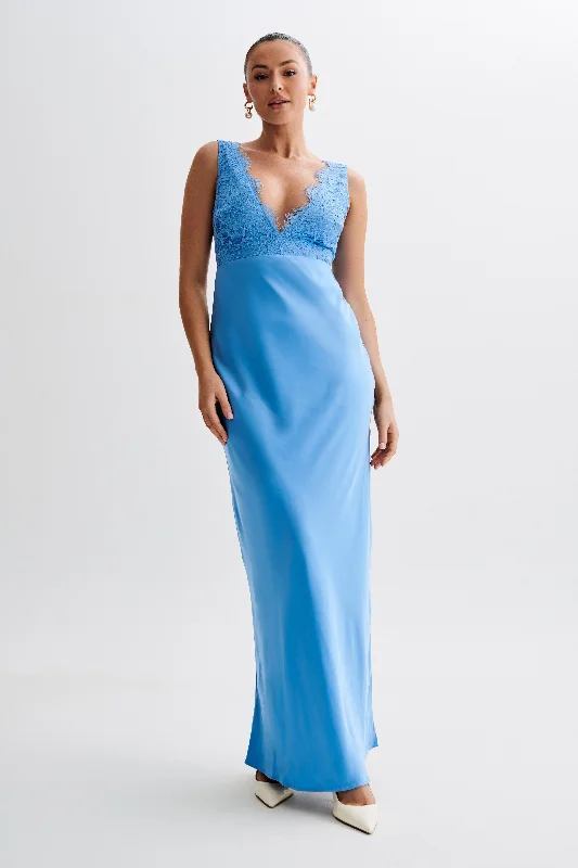 Ricci Satin And Lace Maxi Dress - Iris Blue Trendy Women's 