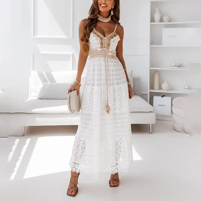 Sling Low Cut Lace Lace Contrast Stitching Dress Wholesale Dresses Dapper Women's Bow - adorned