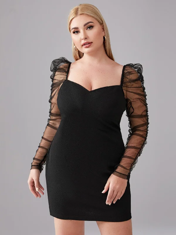 Elegant Plain Sheer Long Sleeve Sweetheart Pencil Natural Short Plus Size Dress Cashmere Elegant Plain Sheer Long Sleeve Sweetheart Pencil Natural Short Plus Size Dress Cashmere