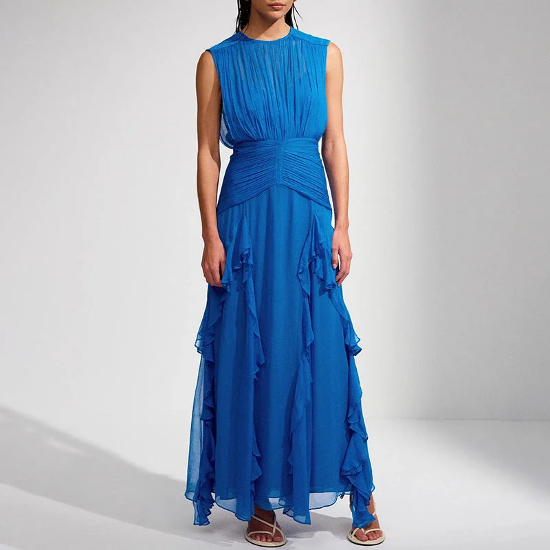 Elegant Sexy Round Neck Sleeveless Patchwork Pleated Tank Dress Wholesale Maxi Dresses Confident Women's Power Elegant Sexy Round Neck Sleeveless Patchwork Pleated Tank Dress Wholesale Maxi Dresses Confident Women's Power