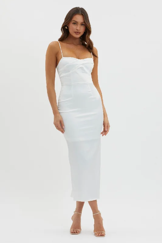 Renown Pleated Bust Midi Dress White Hip Women's Retro