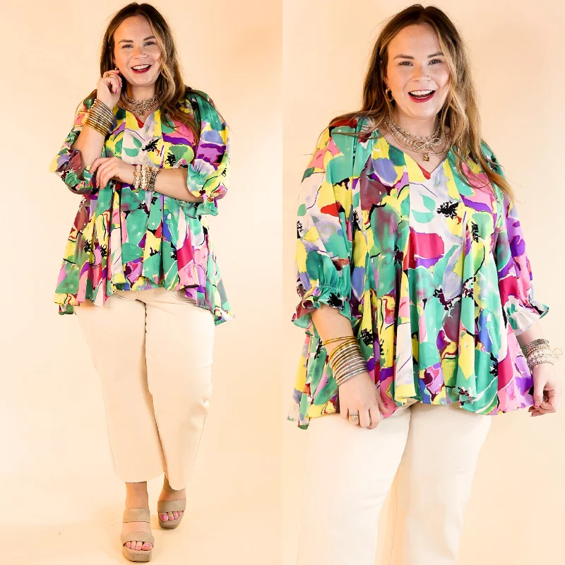 Blooming Love Floral V Neck Top with Half Sleeves in Green Mix Sustainable Organic