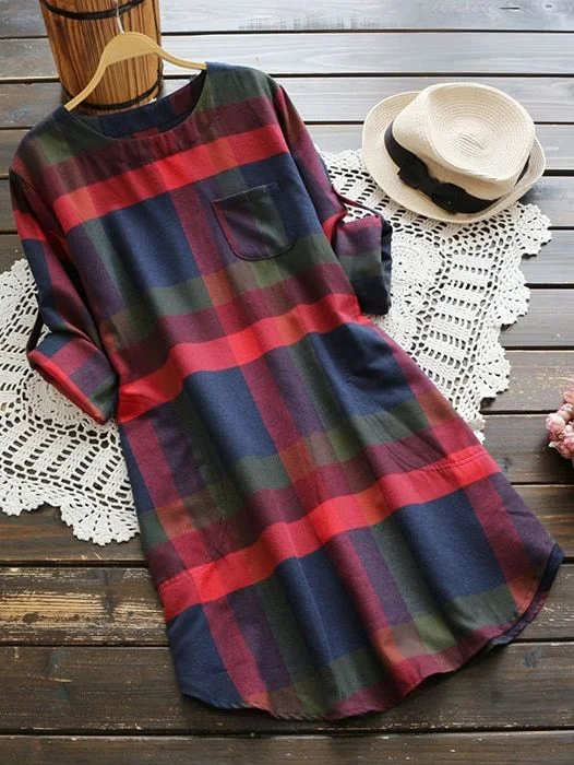 Casual Plaid Long Sleeve Round Neck Straight Short Plus Size Dress Relaxed Women's 