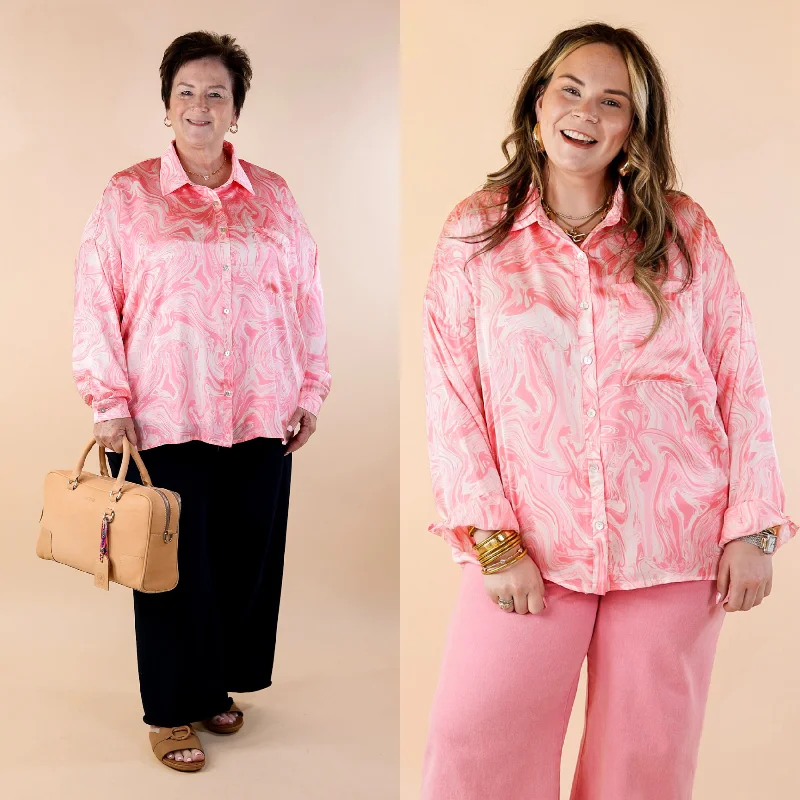 Pack A Punch Button Up Satin Marble Print Top in Pink Compression