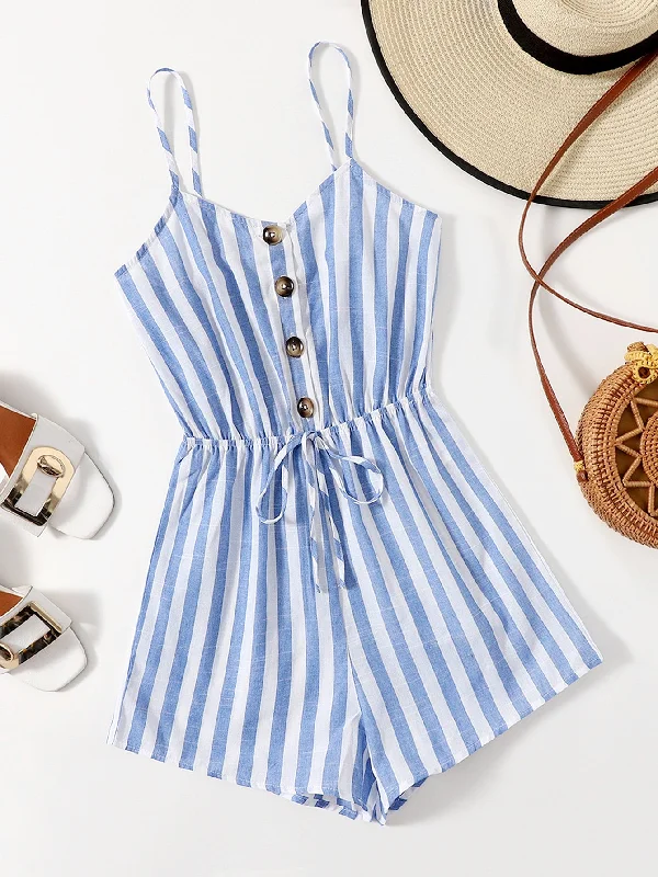 Boho Striped Button Front Sleeveless Spaghetti Strap High Waist Short Women Jumpsuit Minimalist Women's Casual Boho Striped Button Front Sleeveless Spaghetti Strap High Waist Short Women Jumpsuit Minimalist Women's Casual