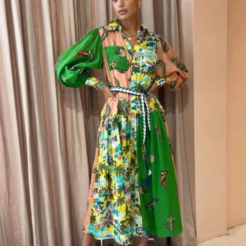 Fashion Graffiti Print Single Breasted Lantern Sleeve Tie Waist Dress Wholesale Dresses Preppy Women's College Fashion Graffiti Print Single Breasted Lantern Sleeve Tie Waist Dress Wholesale Dresses Preppy Women's College