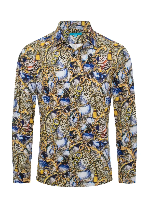 Long Sleeve leoperd print  Shirt Azul & Gold 4409 Monochromatic All - in - one