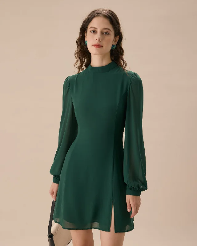 The Green Stand Collar Sheer Slit Mini Dress Stylish Women's Tropical 