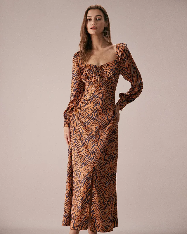The Brown Sweetheart Neck Zebra Maxi Dress Preppy Women's College