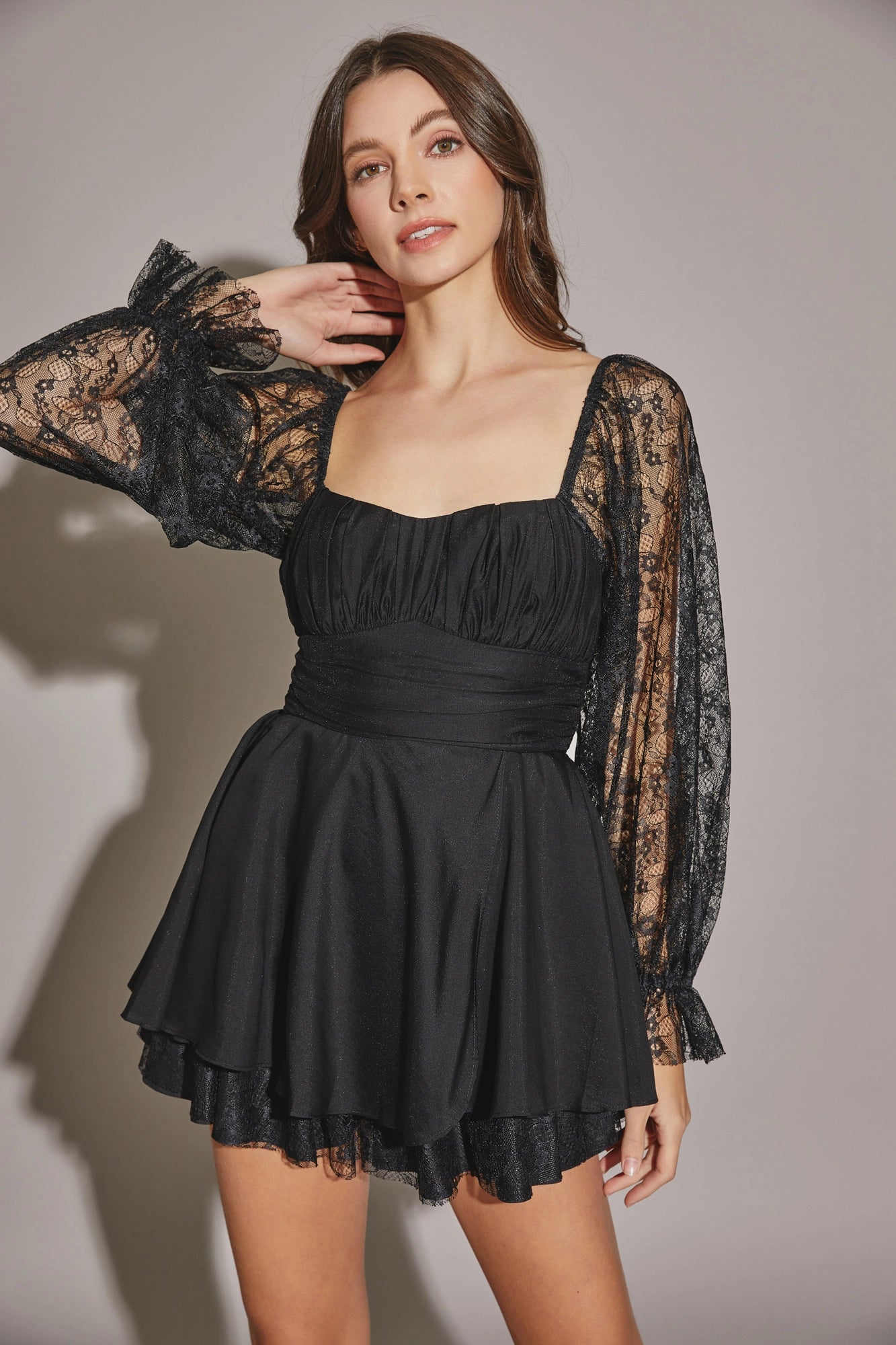 Lace Long Sleeve Flare Layered Silhouette Mini Dress Monochromatic All - in - one