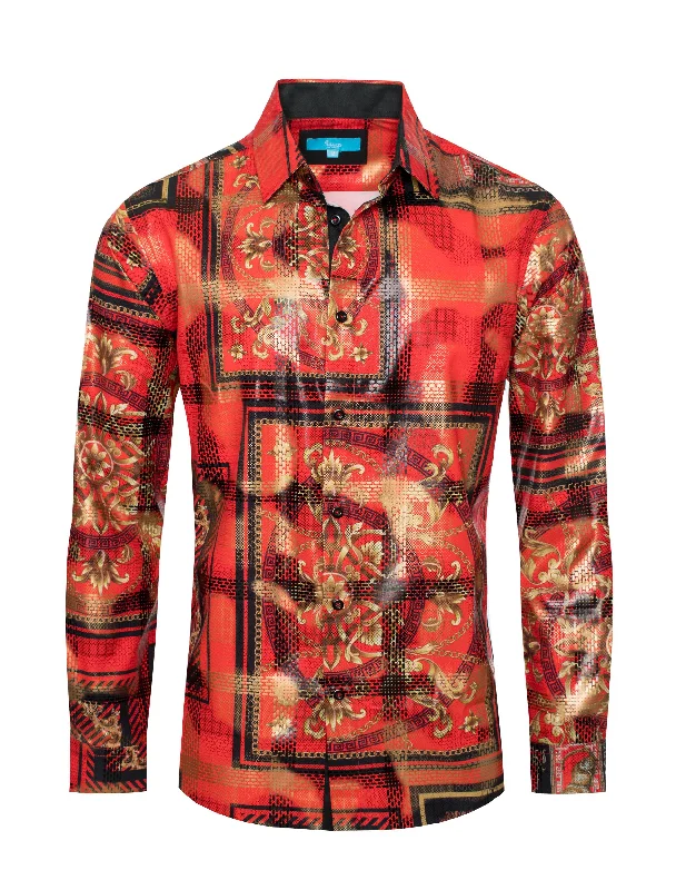 Red Digital Printed Design Stretch  Shirt 4404 Cozy Women's Winter