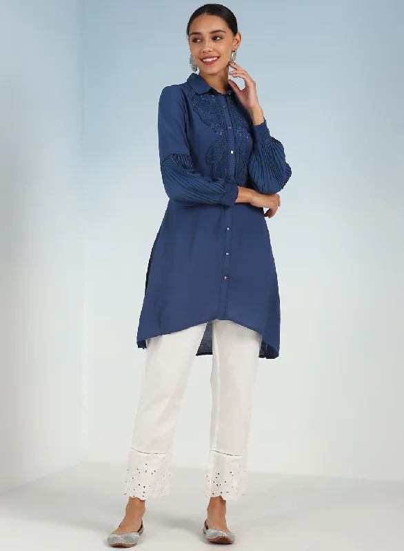 Navy Blue Kurti with Curved Hem and Pleated Sleeves Feminine Women's Style 