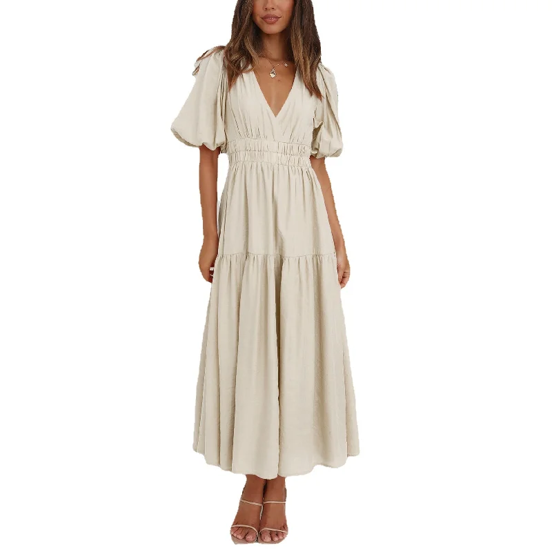 Deep V Puff Sleeve Solid Color Pleated Slim Simple Dress Wholesale Dresses Hip Women's Retro Deep V Puff Sleeve Solid Color Pleated Slim Simple Dress Wholesale Dresses Hip Women's Retro