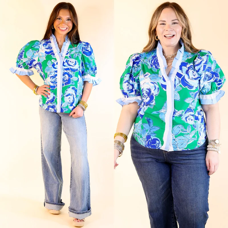 Endless Elegance Ruffled V Neck Floral Print Top in Green and Blue Modern Women's Tech