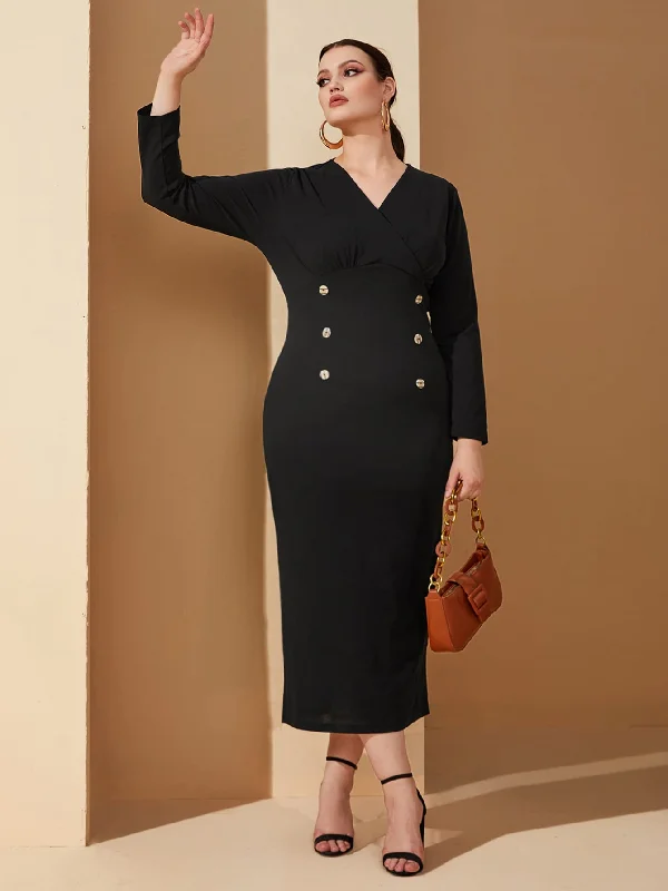 Elegant Plain Split Long Sleeve V Neck Pencil High Waist Long Plus Size Dress Laid - back Women's Style Elegant Plain Split Long Sleeve V Neck Pencil High Waist Long Plus Size Dress Laid - back Women's Style