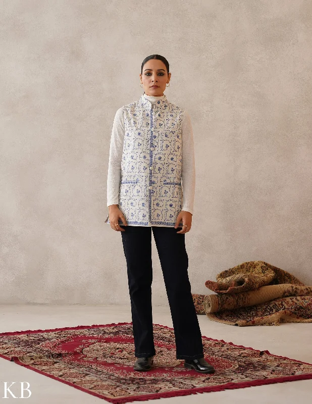 Nayaab Off-White Kashmiri Blue Sozni Fine Wool Waistcoat Dapper Women's 1920S