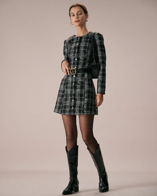 The Black Crew Neck Plaid A-Line Mini Dress Casual Women's Japanese 