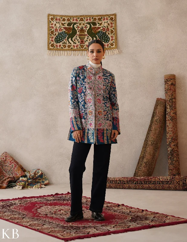 Nayaab Regal Blue Kashmiri Kalamkari Sozni Outlined Fine Wool Jacket Sporty Women's Tennis Nayaab Regal Blue Kashmiri Kalamkari Sozni Outlined Fine Wool Jacket Sporty Women's Tennis