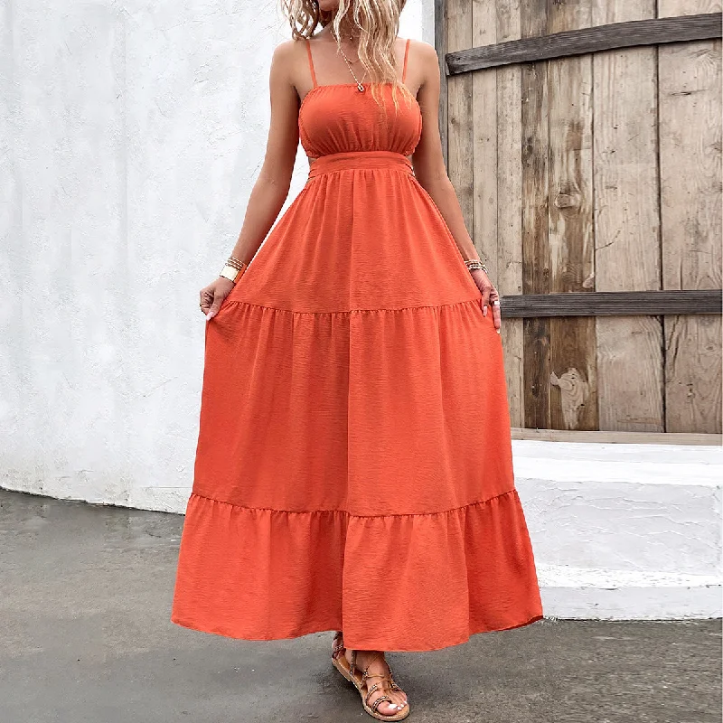 Hollow Solid Color Suspender Pleated Dress Wholesale Dresses Refined Women's Hand - crafted Hollow Solid Color Suspender Pleated Dress Wholesale Dresses Refined Women's Hand - crafted