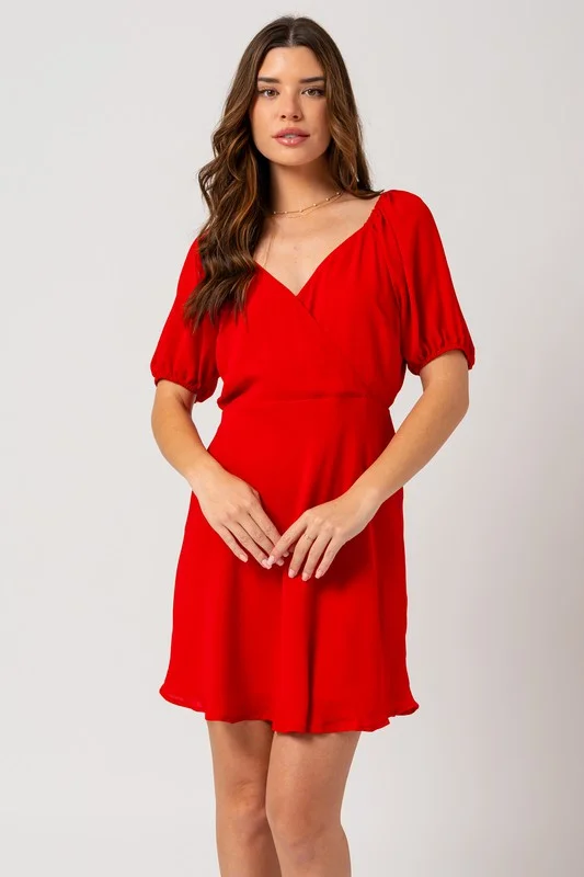 Short Puff Sleeve Wrap Mini Dress Youthful Women's Pop