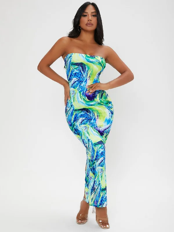 Marble Split Sleeveless Strapless Pencil Natural Maxi Dress Hip Women's Retro