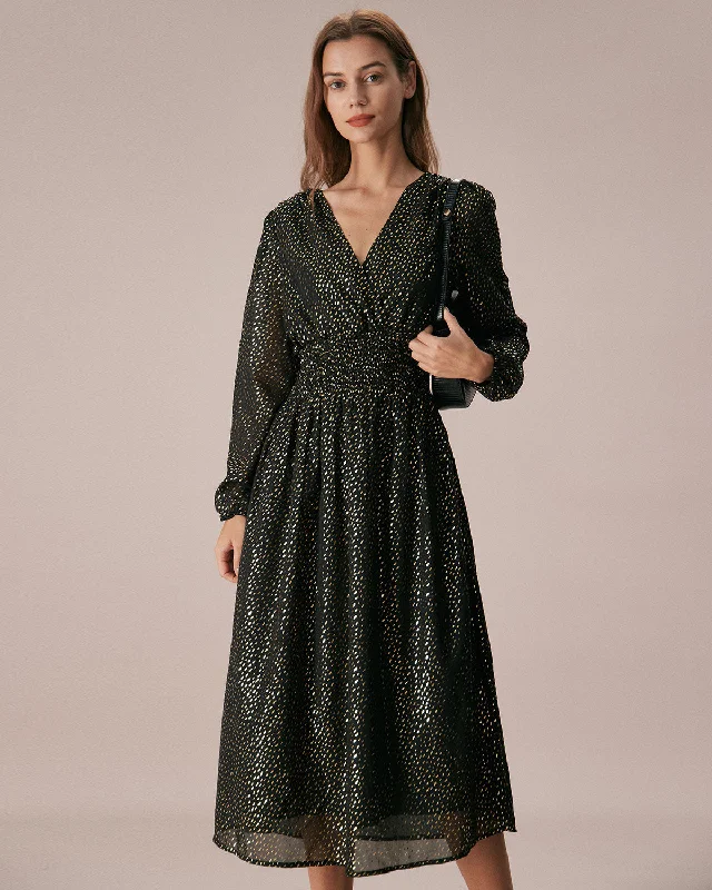 The Black V Neck Shirred Overlapping Midi Dress Classic Women's Pin - striped
