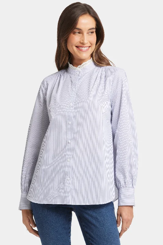 Lace Trimmed Ruffle Neck Blouse - Blue Stripe Relaxed Women's Beachy