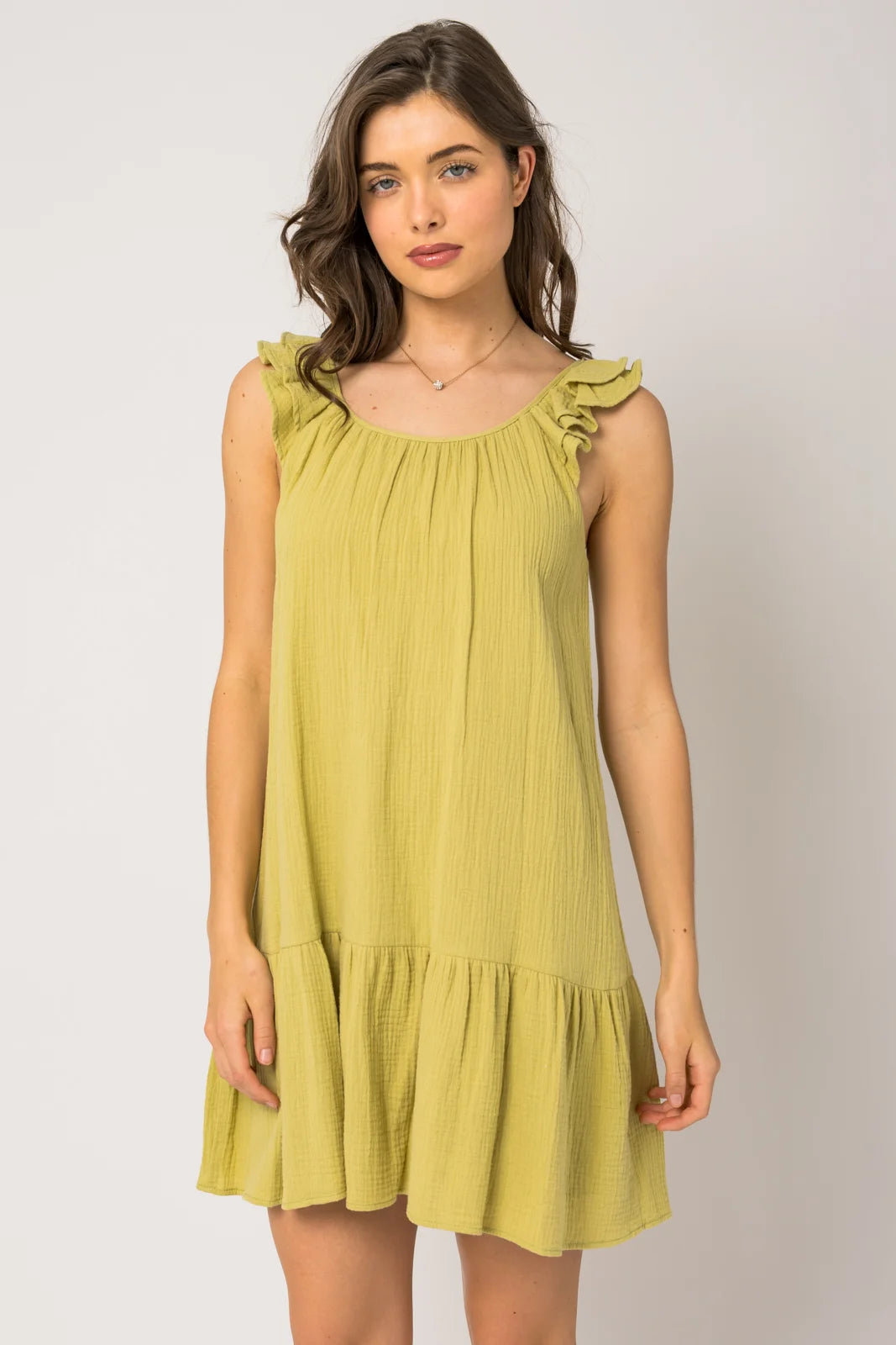 Sleeveless Ruffle Shoulder Shirring Dress Stylish Women's Tropical 