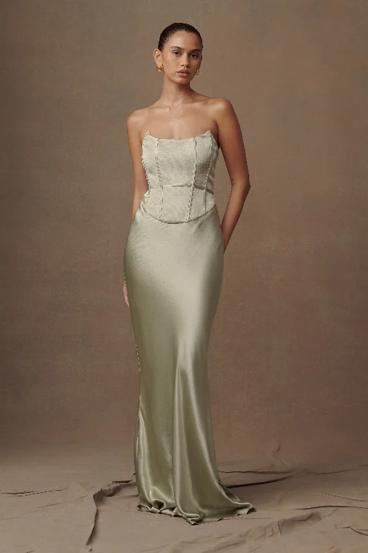 Harlow Satin Strapless Maxi Dress - Sage Earthy Women's 