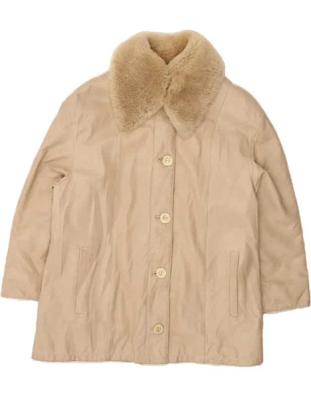 VINTAGE Womens Leather Coat IT 44 Medium Beige Leather Monochromatic Office Style
