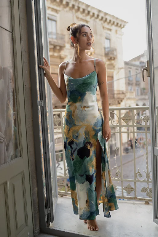 Natalia Blue and Gold Watercolor Maxi Dress Compression