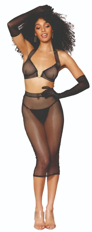 Sheer Stretch Fishnet Fantasy Bra and Skirt Set Cool Women's Distressed