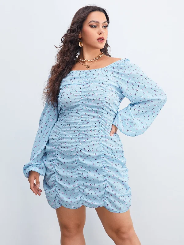 Boho Ditsy Floral Ruched Long Sleeve Square Neck Pencil Natural Short Plus Size Dress Confident Women's Power Boho Ditsy Floral Ruched Long Sleeve Square Neck Pencil Natural Short Plus Size Dress Confident Women's Power